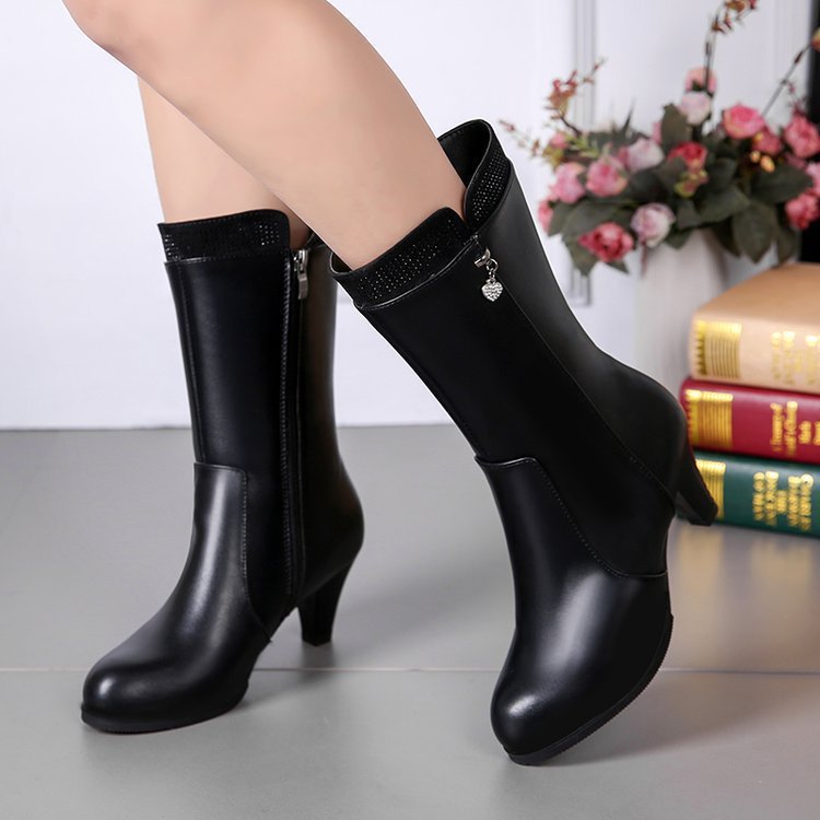 High-Heel Tube Side-Zipper Boots with Heart Pendant Charm