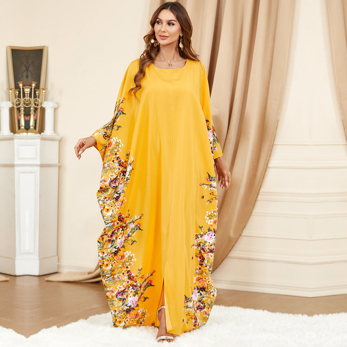 Elegant Bat-Sleeve Plus-Size Dress – Bold Yellow Modest Style