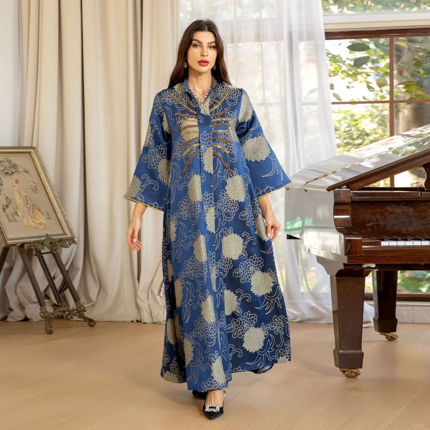 Chic Stand-Collar Printed Maxi Dress – Modest & Stylish