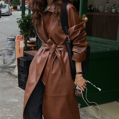 Retro Lapel Belted Leather Trench Coat – Modest Chic
