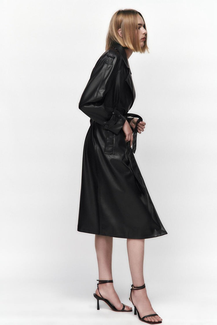 Slim Belted Faux-Leather Trench Coat – Elegant Modest Layer