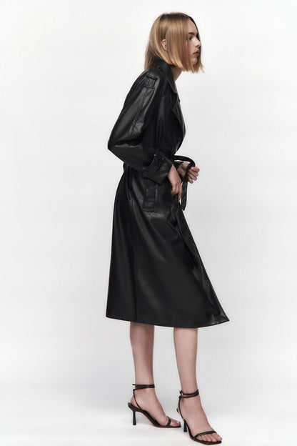 Slim Belted Faux-Leather Trench Coat – Elegant Modest Layer