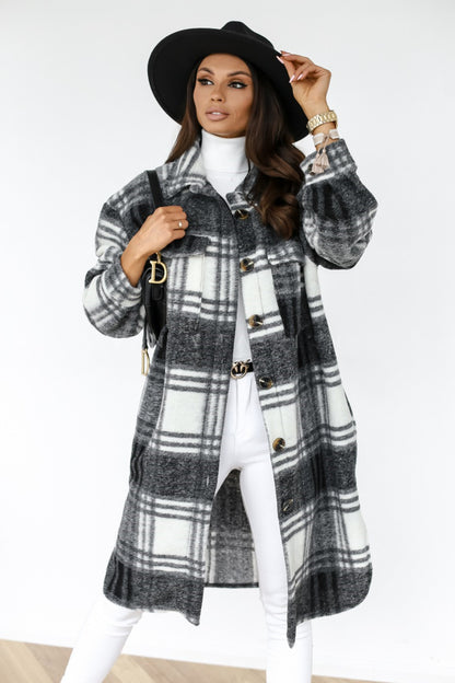 Plaid Long Woolen Coat with Button Lapel – Modest Chic
