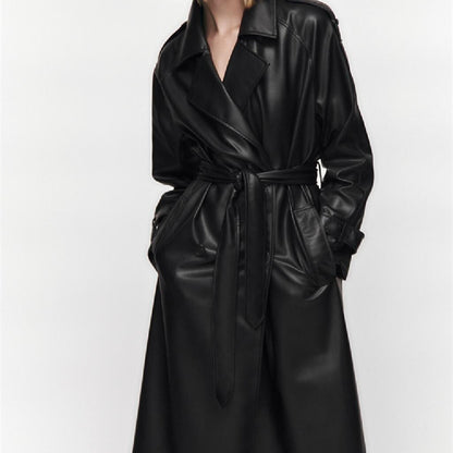 Slim Belted Faux-Leather Trench Coat – Elegant Modest Layer
