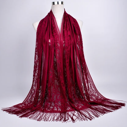 Lace-Edge Tassel Hijab Wrap – Solid Color Elegance
