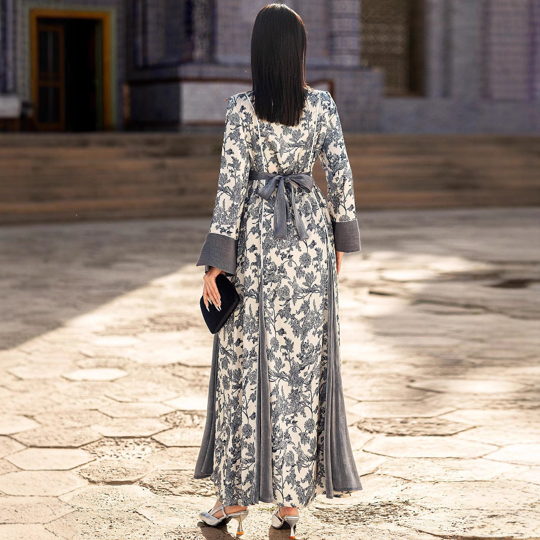 Elegant Satin V-Neck Printed Dress – Modest & Chic