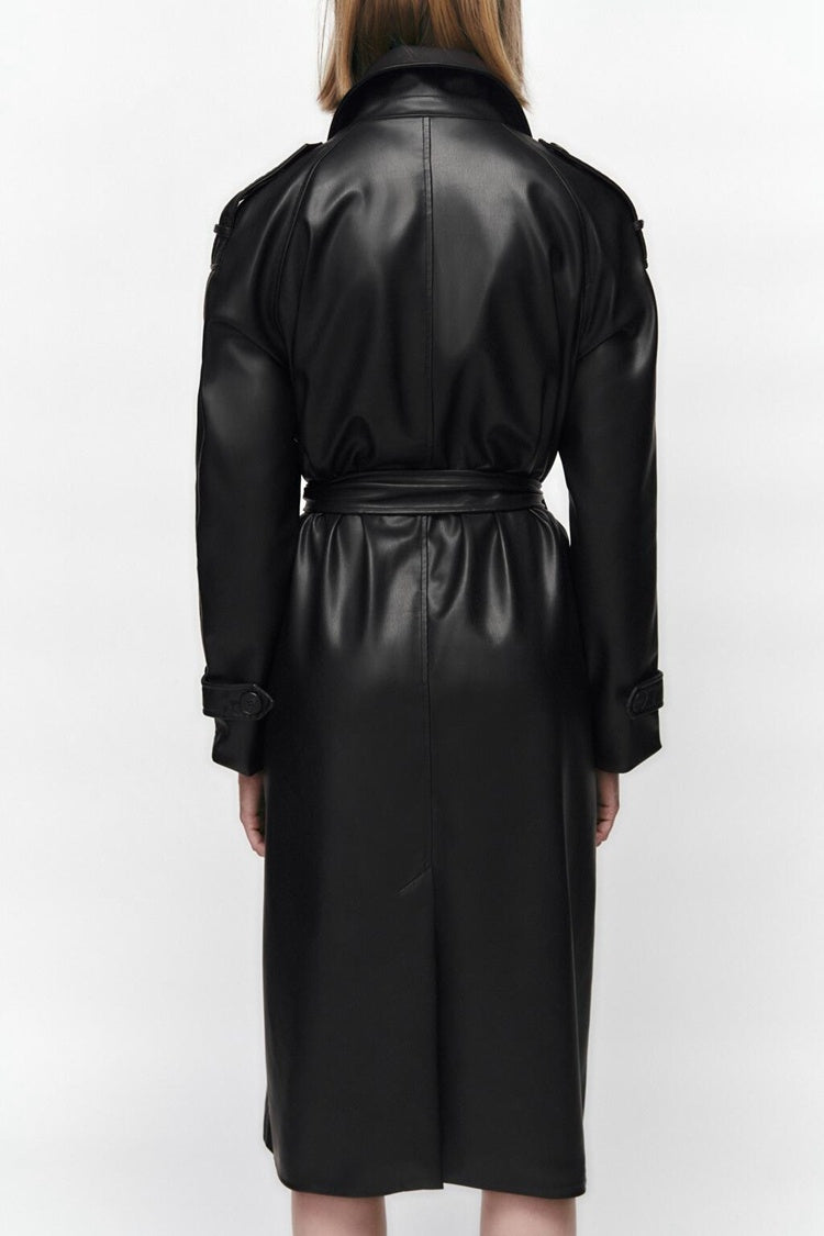 Slim Belted Faux-Leather Trench Coat – Elegant Modest Layer