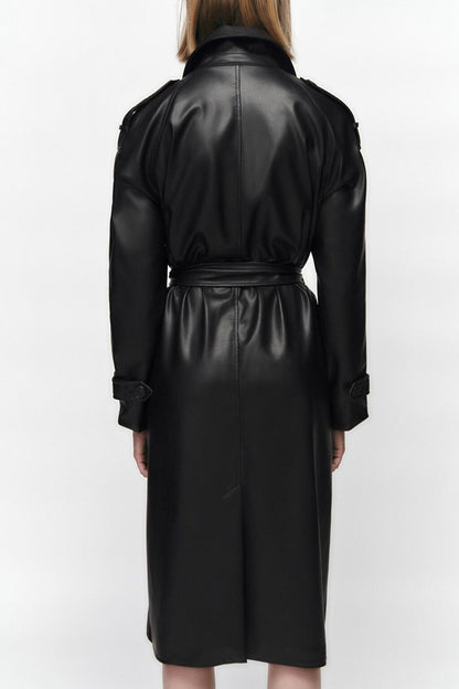 Slim Belted Faux-Leather Trench Coat – Elegant Modest Layer