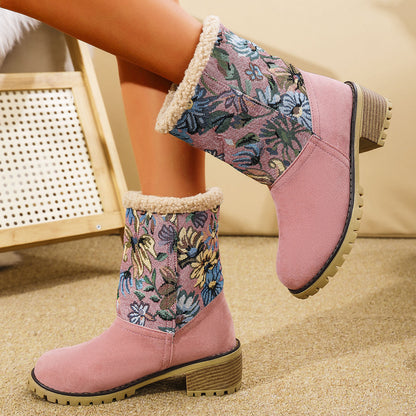 Flower-Embroidered Platform Snow Boots — Warm, Stylish Winter Essentials