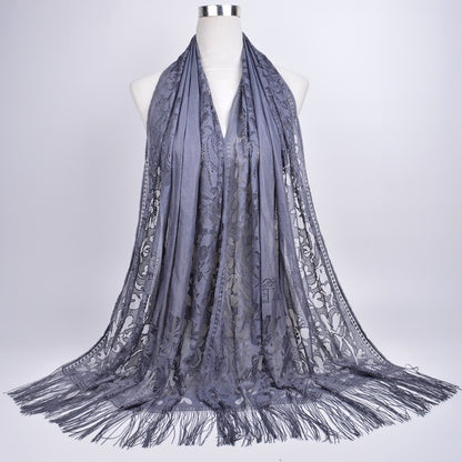 Lace-Edge Tassel Hijab Wrap – Solid Color Elegance