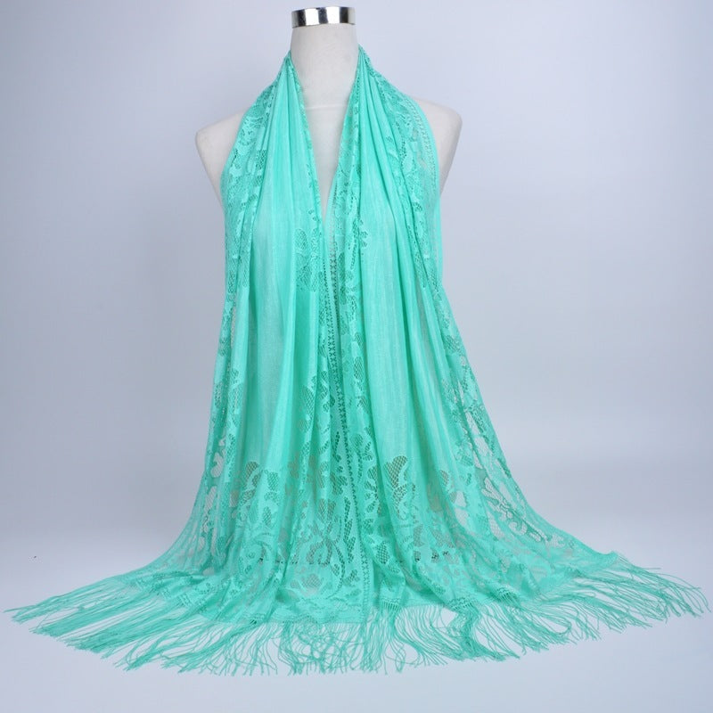 Lace-Edge Tassel Hijab Wrap – Solid Color Elegance