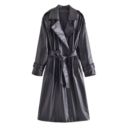 Slim Belted Faux-Leather Trench Coat – Elegant Modest Layer