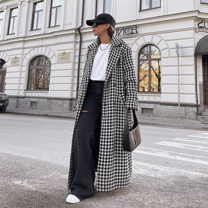 Houndstooth Long Trench Coat – Chic Modest Outerwear