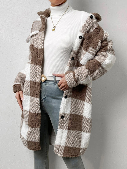 Plaid Button-Lapel Plush Coat – Chic Modest Outerwear