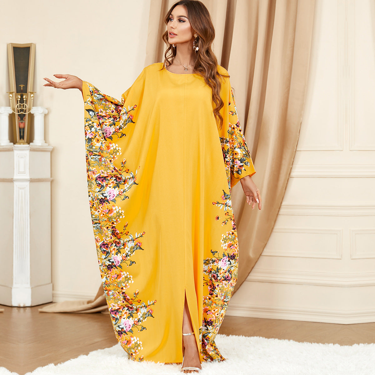 Elegant Bat-Sleeve Plus-Size Dress – Bold Yellow Modest Style