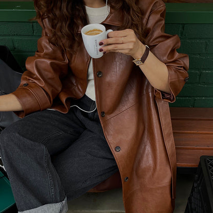 Retro Lapel Belted Leather Trench Coat – Modest Chic