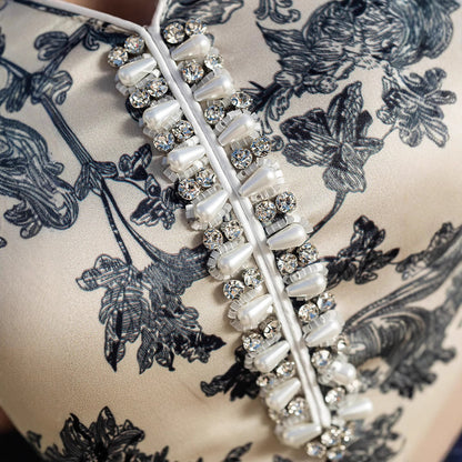 Elegant Satin V-Neck Printed Dress – Modest & Chic