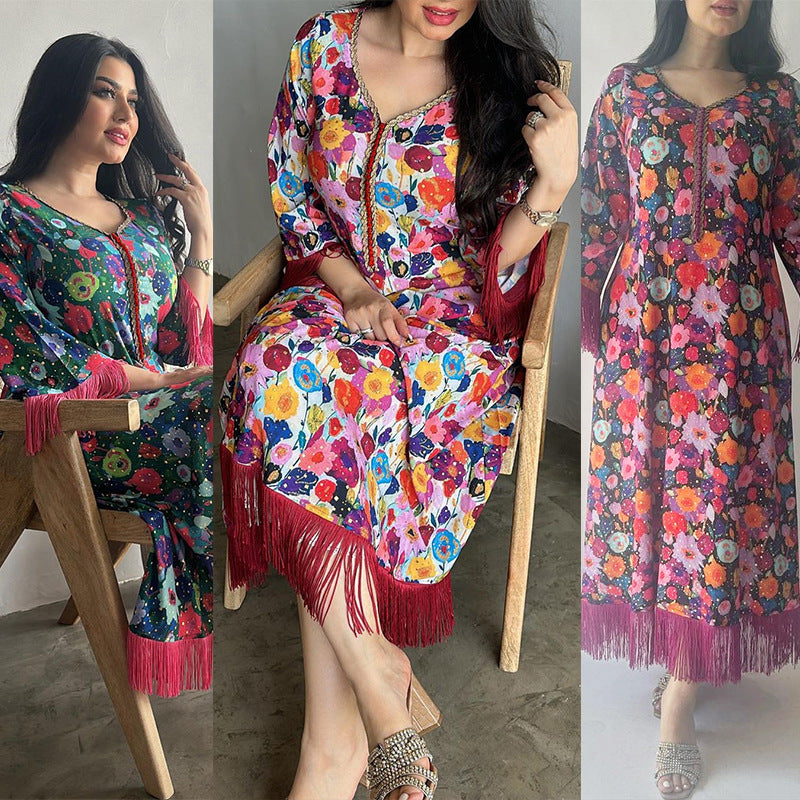 Elegant Bronze Printed Abaya – Modest & Glamorous Evening Wear