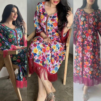 Elegant Bronze Printed Abaya – Modest & Glamorous Evening Wear