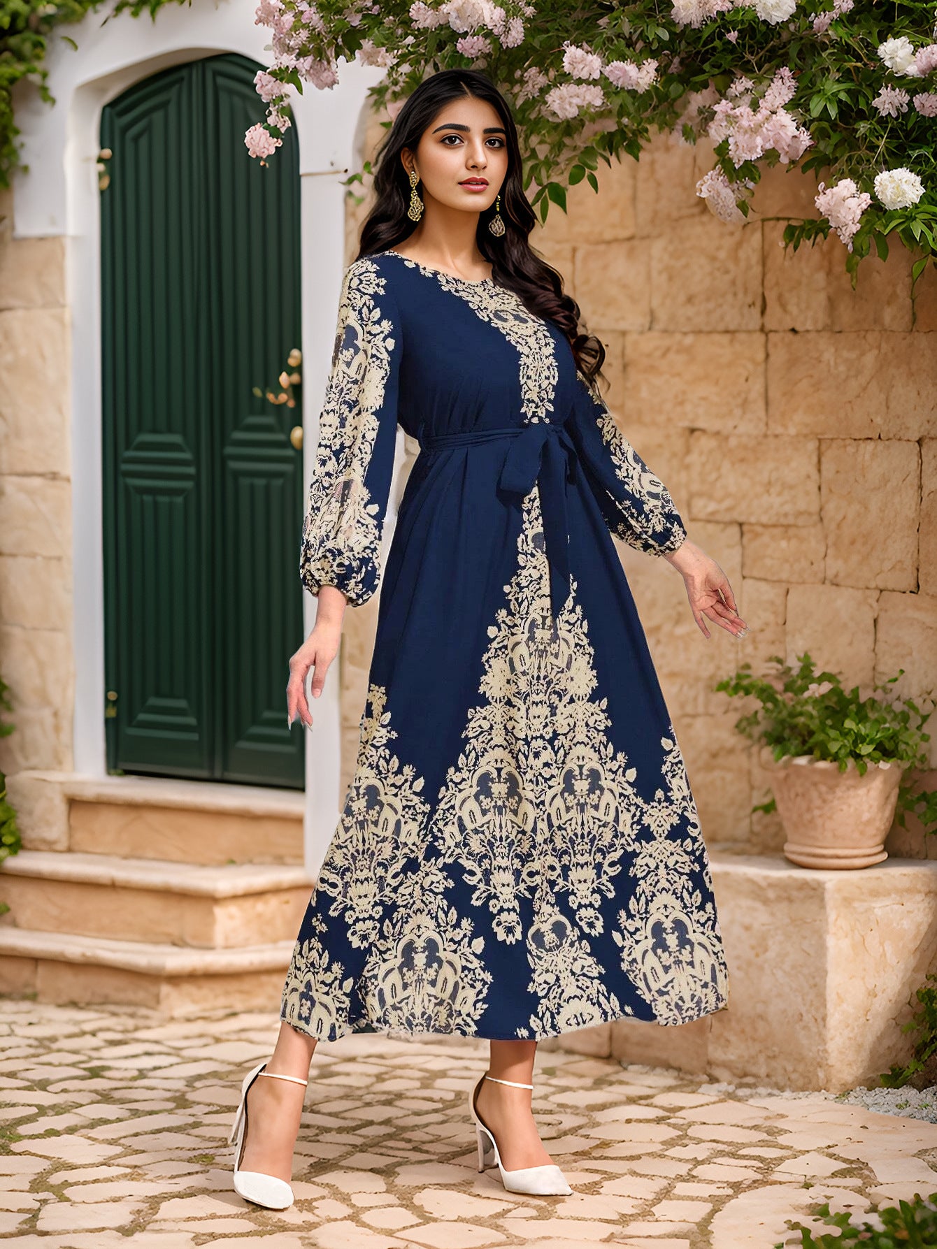Chic Modest Printed Dress – Arab Inspired, Feminine, Covered