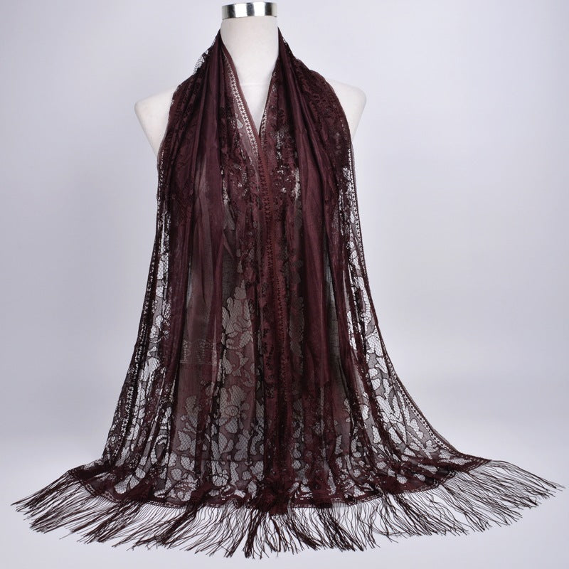 Lace-Edge Tassel Hijab Wrap – Solid Color Elegance
