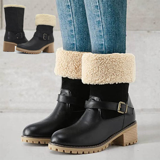 Chunky-Heel Western Buckle Boots — Warm Winter Fashion for Her
