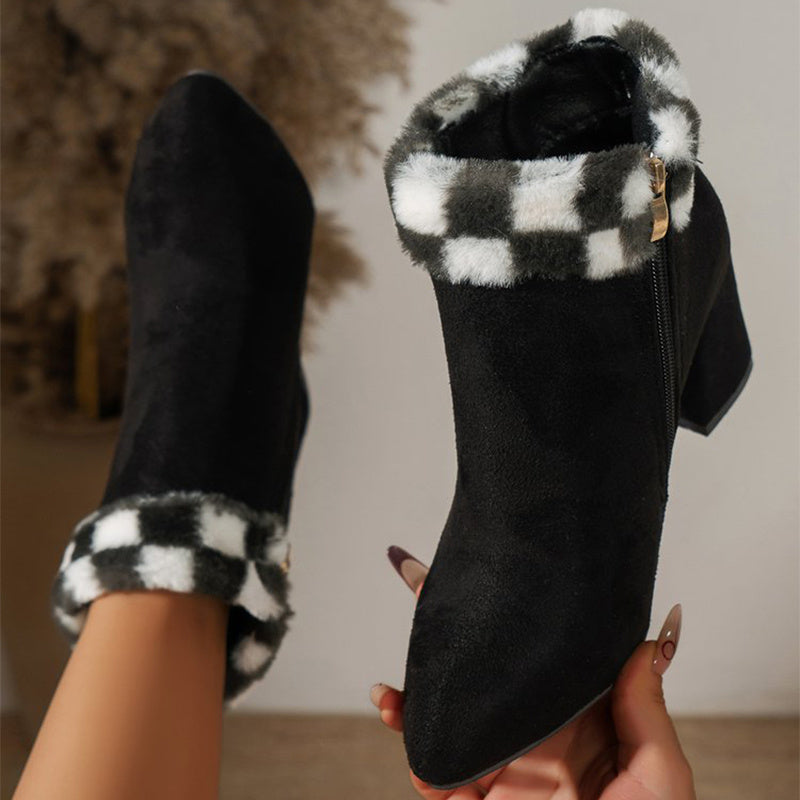 Plaid Print Plush Ankle Boots — Warm & Stylish for Winter