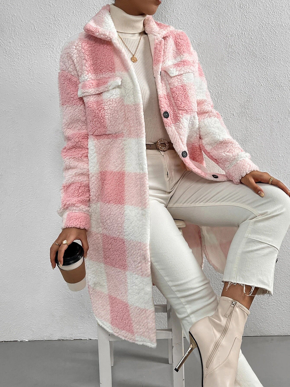 Plaid Button-Lapel Plush Coat – Chic Modest Outerwear