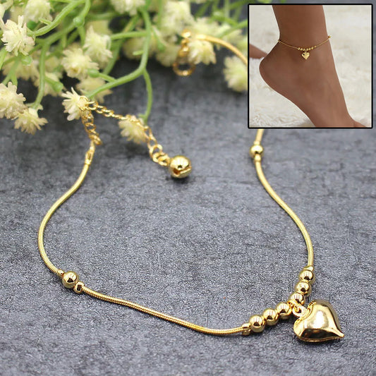 Gold Heart Pendant Anklet – Chunky Beaded Vintage Anklet