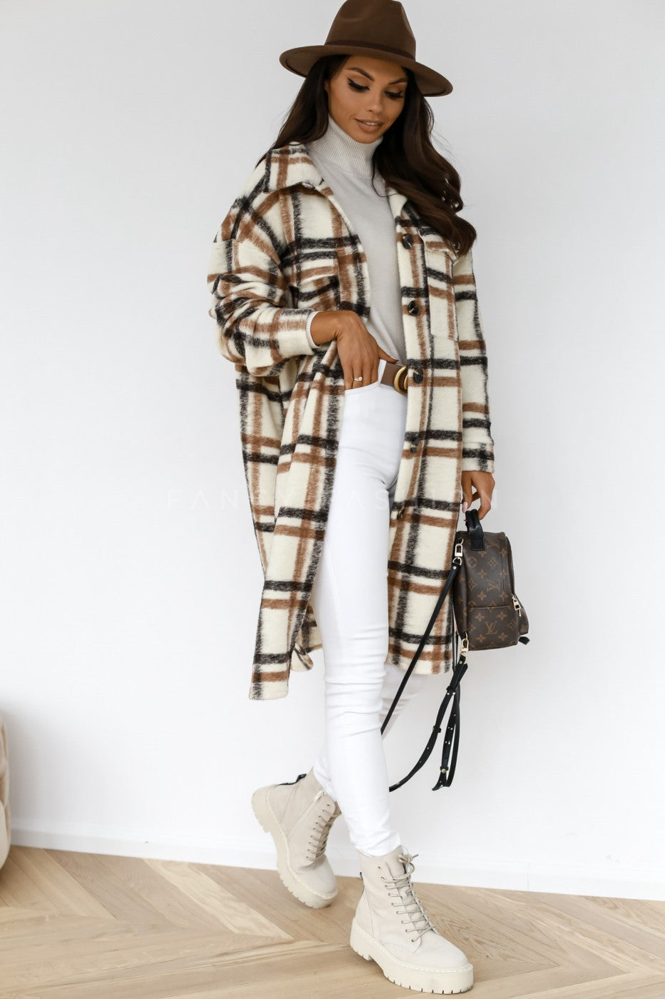 Plaid Long Woolen Coat with Button Lapel – Modest Chic
