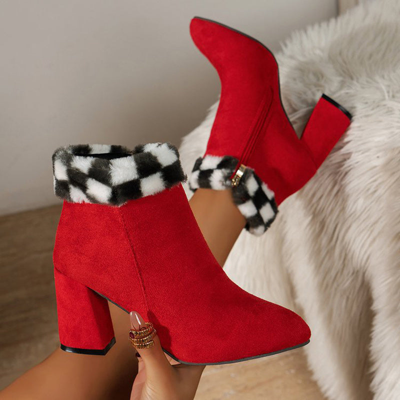 Plaid Print Plush Ankle Boots — Warm & Stylish for Winter