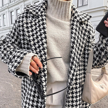 Houndstooth Long Trench Coat – Chic Modest Outerwear