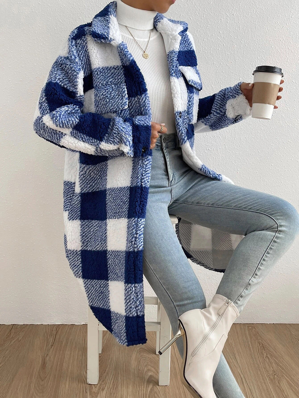 Plaid Button-Lapel Plush Coat – Chic Modest Outerwear