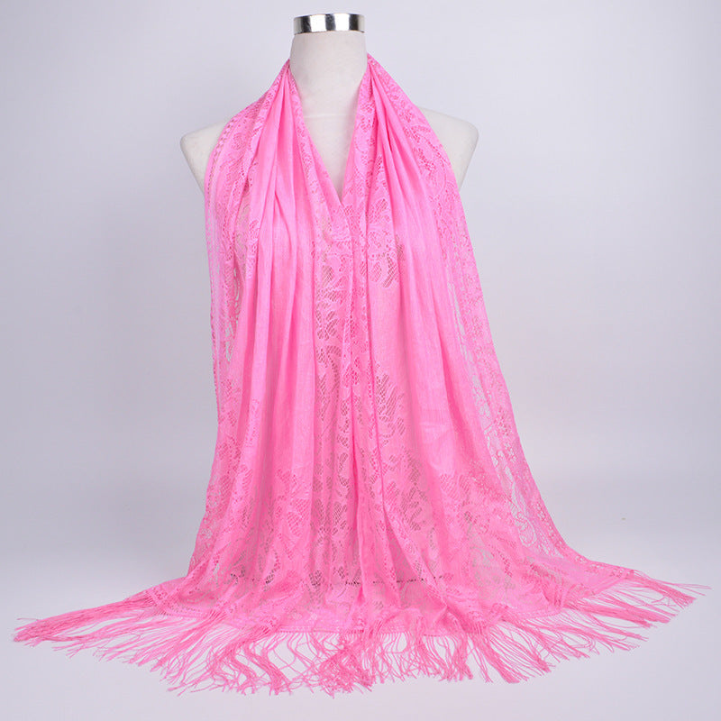 Lace-Edge Tassel Hijab Wrap – Solid Color Elegance