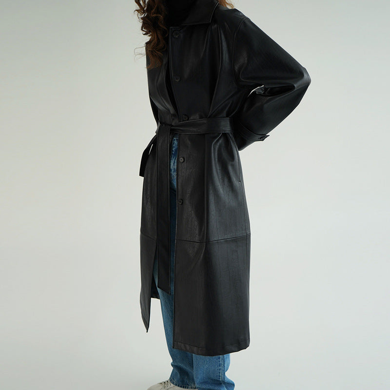 Retro Lapel Belted Leather Trench Coat – Modest Chic