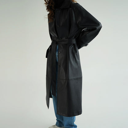 Retro Lapel Belted Leather Trench Coat – Modest Chic