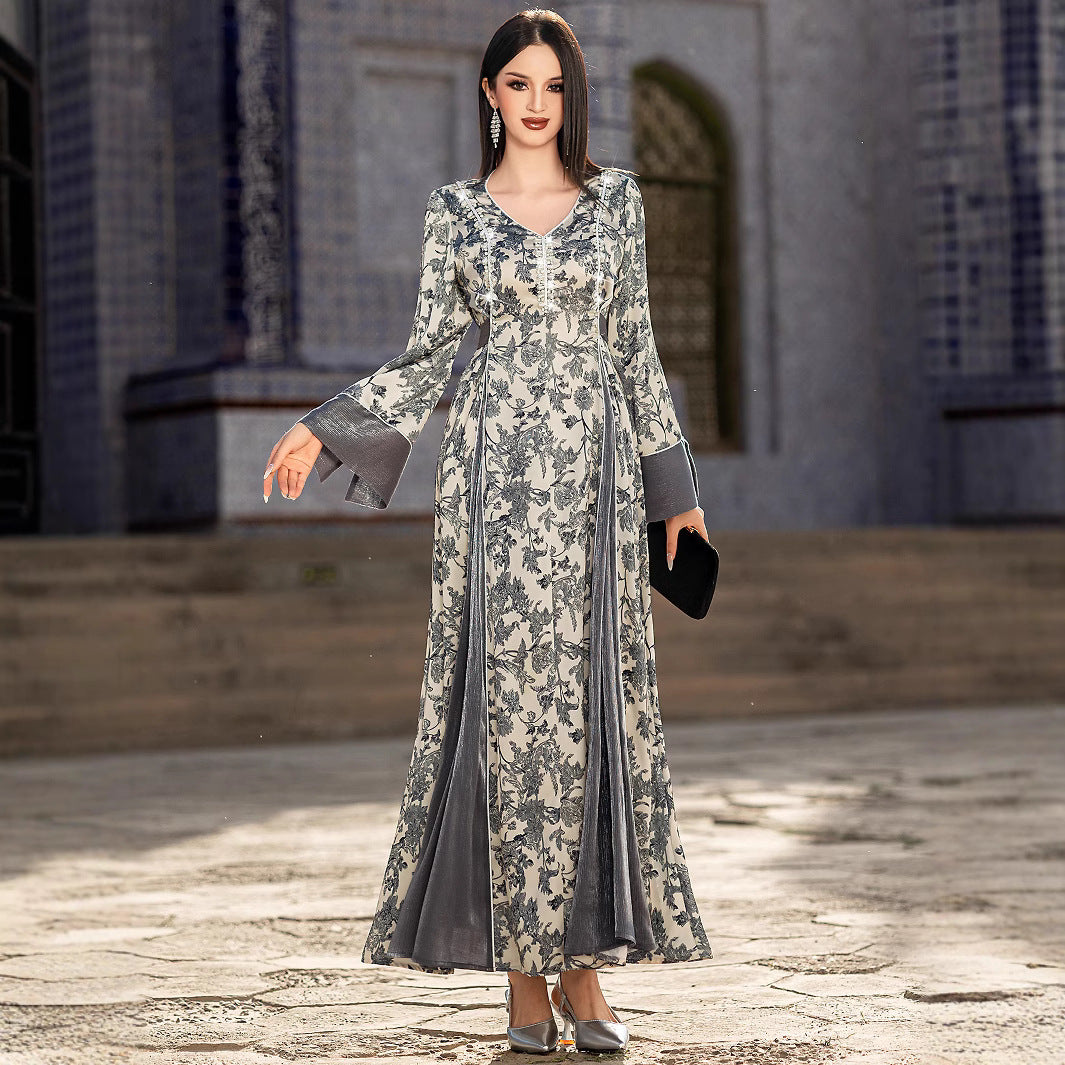Elegant Satin V-Neck Printed Dress – Modest & Chic