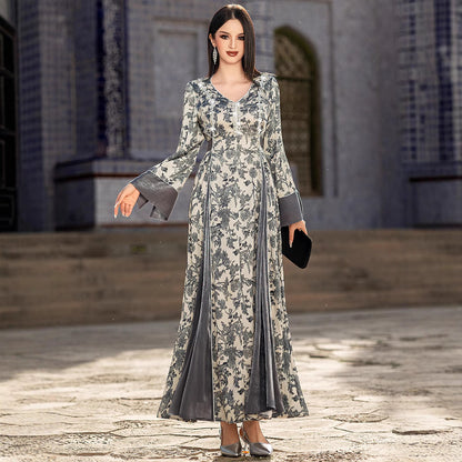 Elegant Satin V-Neck Printed Dress – Modest & Chic