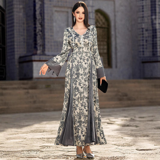 Elegant Satin V-Neck Printed Dress – Modest & Chic