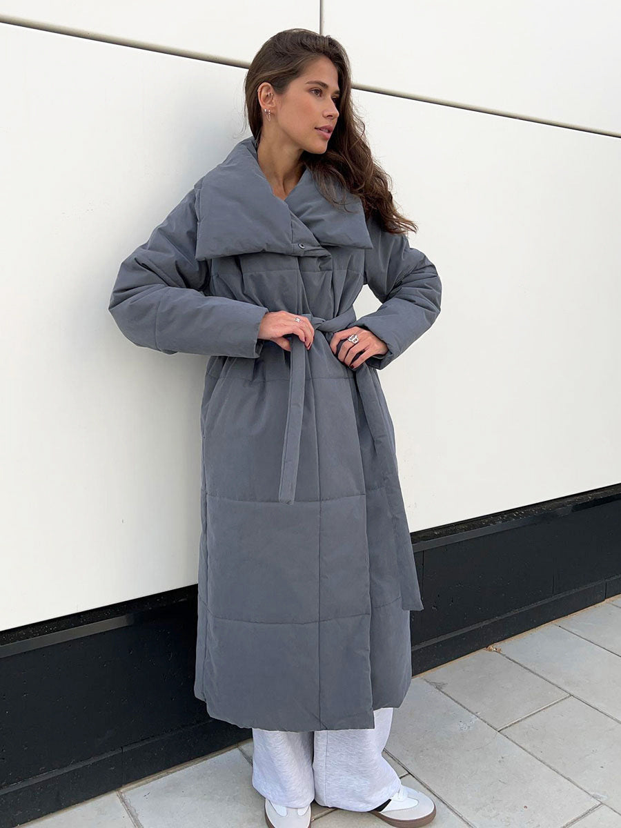 Large Lapel Lace-Up Long Coat – Winter Modest Outerwear
