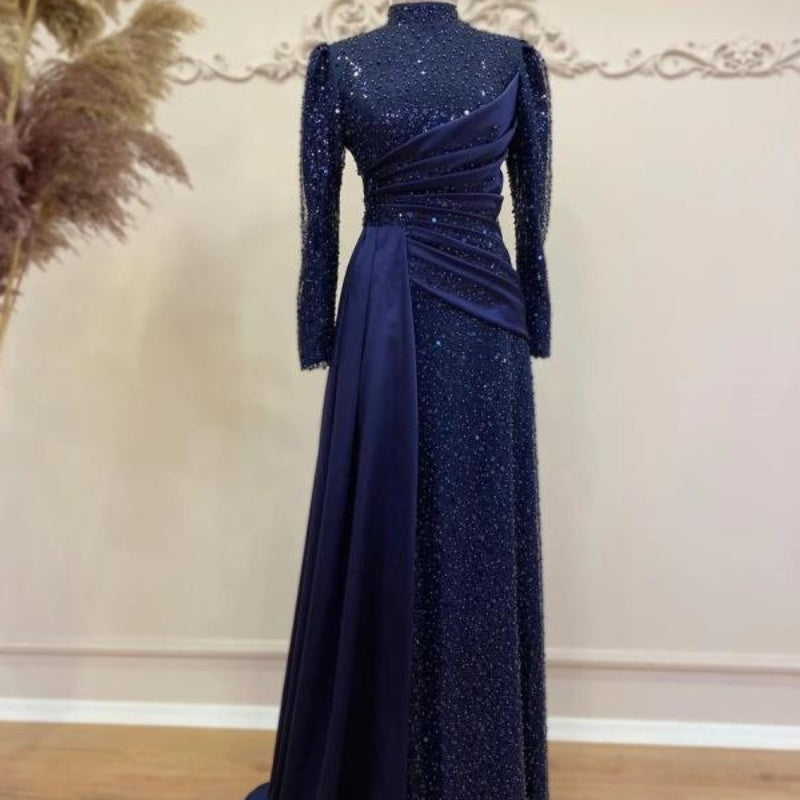 Elegant Stand-Collar Sequin Lace Maxi Dress – Modest Glamour