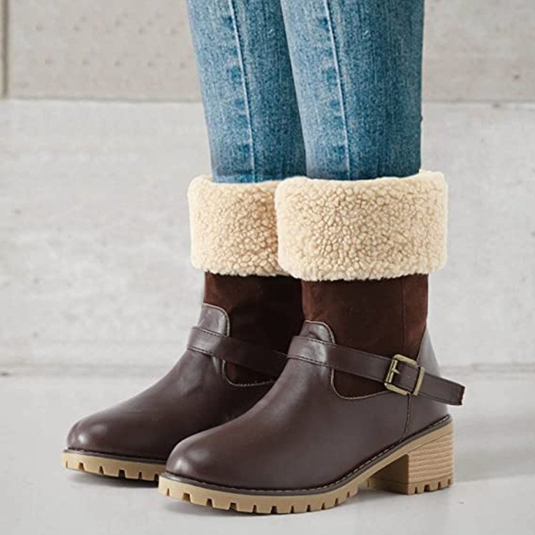 Chunky-Heel Western Buckle Boots — Warm Winter Fashion for Her