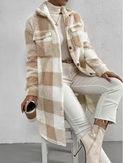 Plaid Button-Lapel Plush Coat – Chic Modest Outerwear