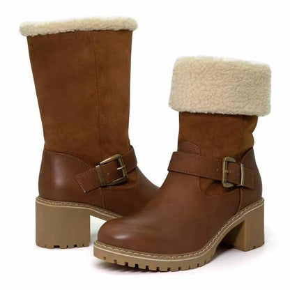 Chunky-Heel Western Buckle Boots — Warm Winter Fashion for Her