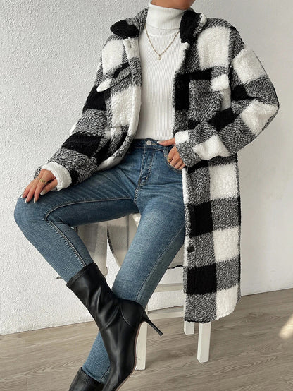 Plaid Button-Lapel Plush Coat – Chic Modest Outerwear