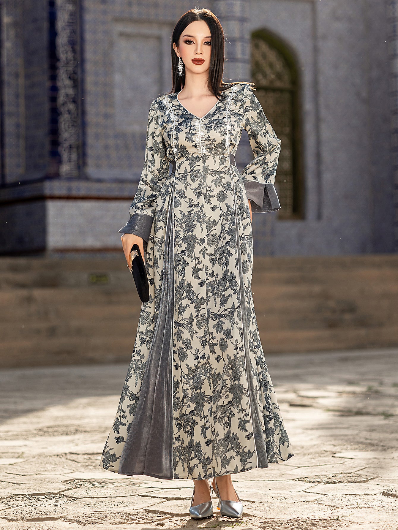 Elegant Satin V-Neck Printed Dress – Modest & Chic
