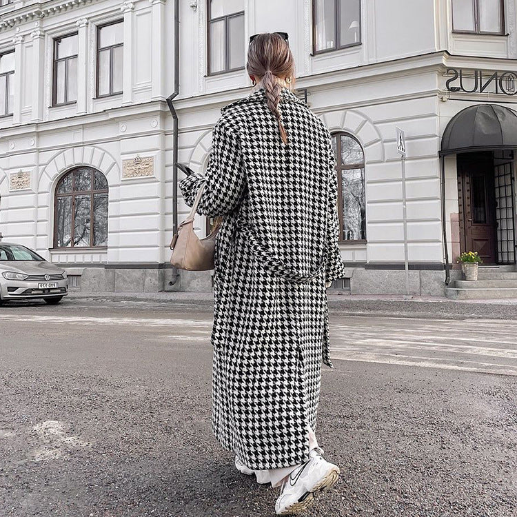 Houndstooth Long Trench Coat – Chic Modest Outerwear
