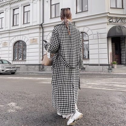 Houndstooth Long Trench Coat – Chic Modest Outerwear