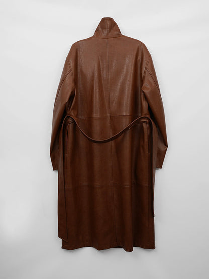 Retro Lapel Belted Leather Trench Coat – Modest Chic