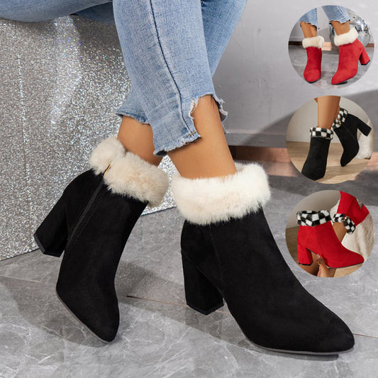 Plaid Print Plush Ankle Boots — Warm & Stylish for Winter